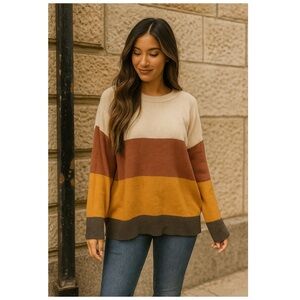 Polagram Colorblock Striped Oversized Sweater XL Brown Tan Mustard